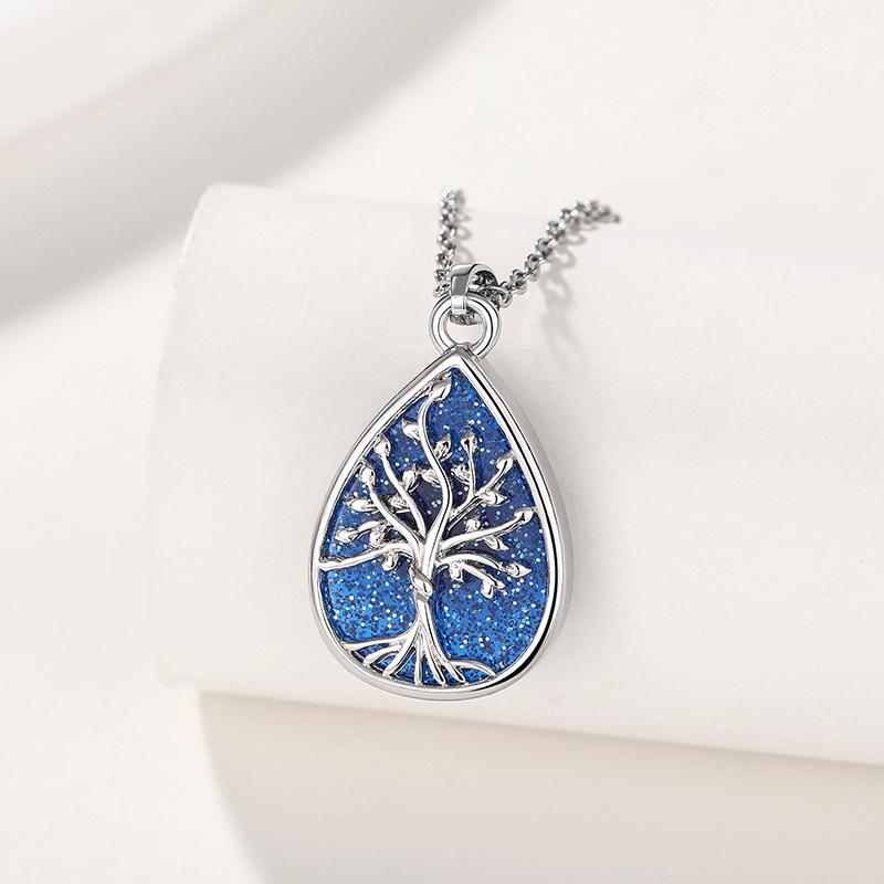 

Huitan Tree of Life Necklace for Women Blue/Purple Teardrop Pendant Necklace Fancy Anniversary Gift Bohemia Style Daily Jewelry 45cm
