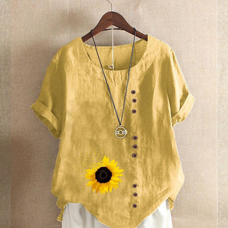Damenmode Sonnenblumen-Print Kurzarm-T-Shirt Locker Baumwollhemd Lässig Locker Sommerbluse Tops Übergröße