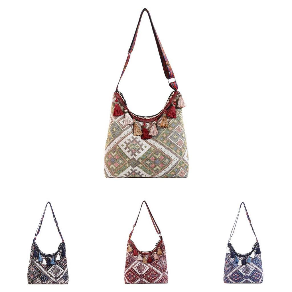Embroidery Style Tassel Large Capacity Shoulder Bag With Zipper Closure For Daily Use
