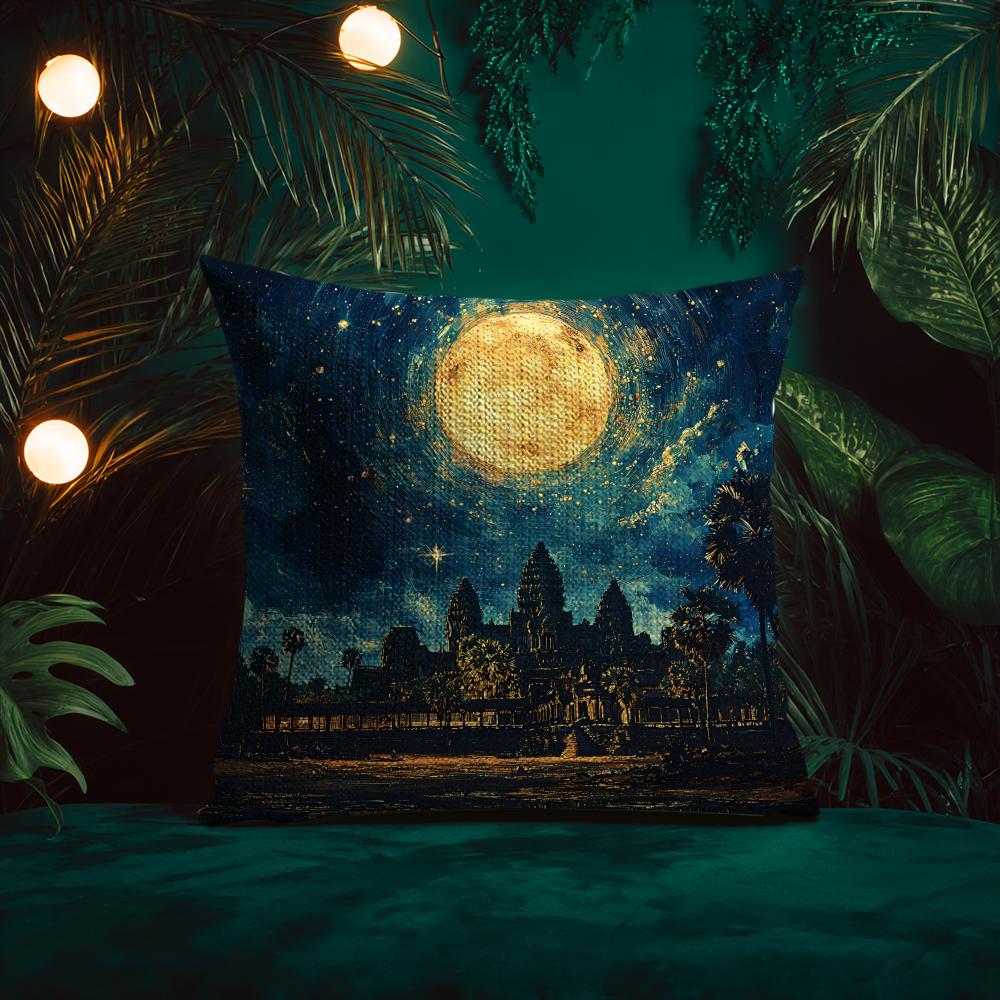 Oil Painting Artwork Angkor WatW Cushion Cover Silky elegant Comfort Sofa Bed Invisible zipper Beach pillowcase