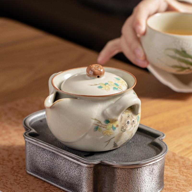 Chinese-style Cute Cat Hand-caught Pot Treasure Bottle Anti-scald Tea Bowl Small Cover Bowl Light Luxury Retro Ceramic Teapot