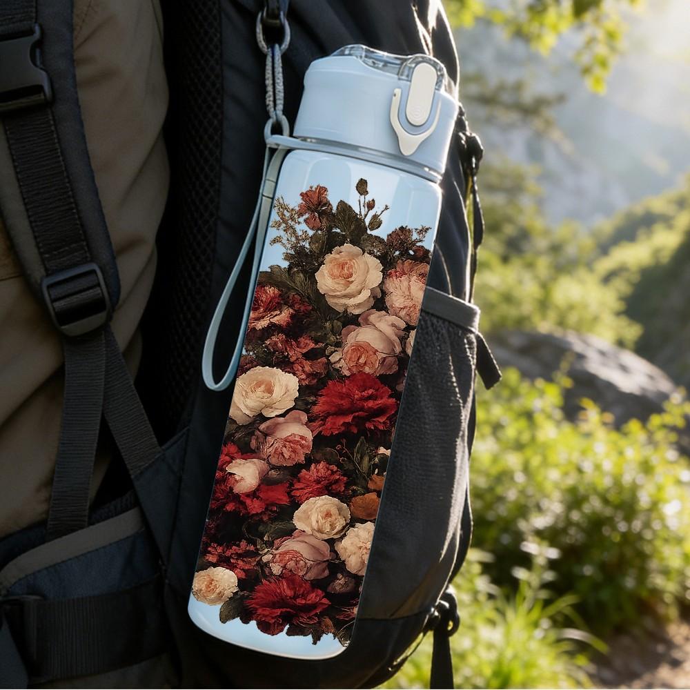 1PC Dried Red Fruit Berry Bouquet Print 750ml Color Plastic Sports Water Bottle Leakproof Flip Straw Lid Suitable for Sports Office Home Use