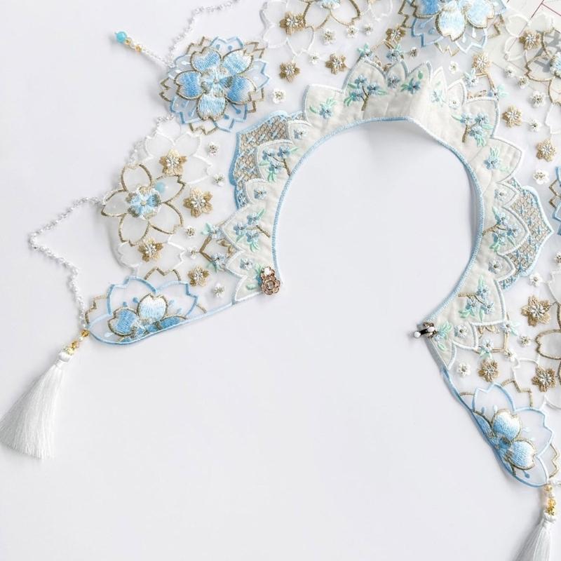Chinese Ancient Shawl Collar Traditional Costume Embroidery Flower Collar for Horse Face Skirt Cultural Event Neckpiece
