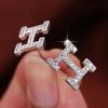 Korean Style Elegant Diamond Inlaid H-Shaped Metal Stud Earrings for Women