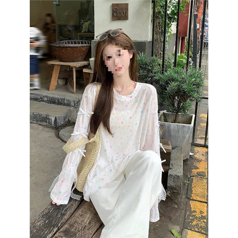 

Шикарный летний кружевной топ с бантом и длинным рукавом для женщин XL