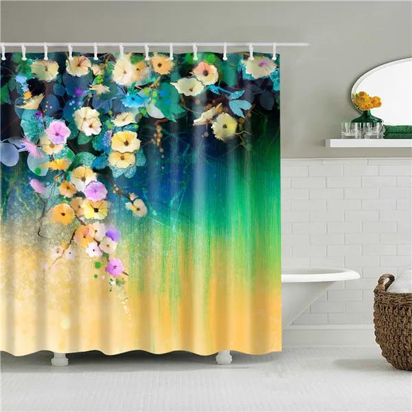 Flower Painting Printed Mildew Proof Polyester Shower Curtains Washable Waterproof Shower Curtains for Bathroom Home Decor