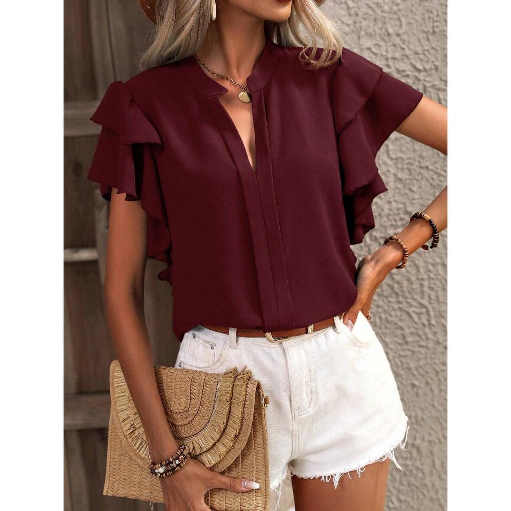 GMXIA Women's Summer V-neck Casual Double Layer Lotus Sleeve Solid Color Shirt Top
