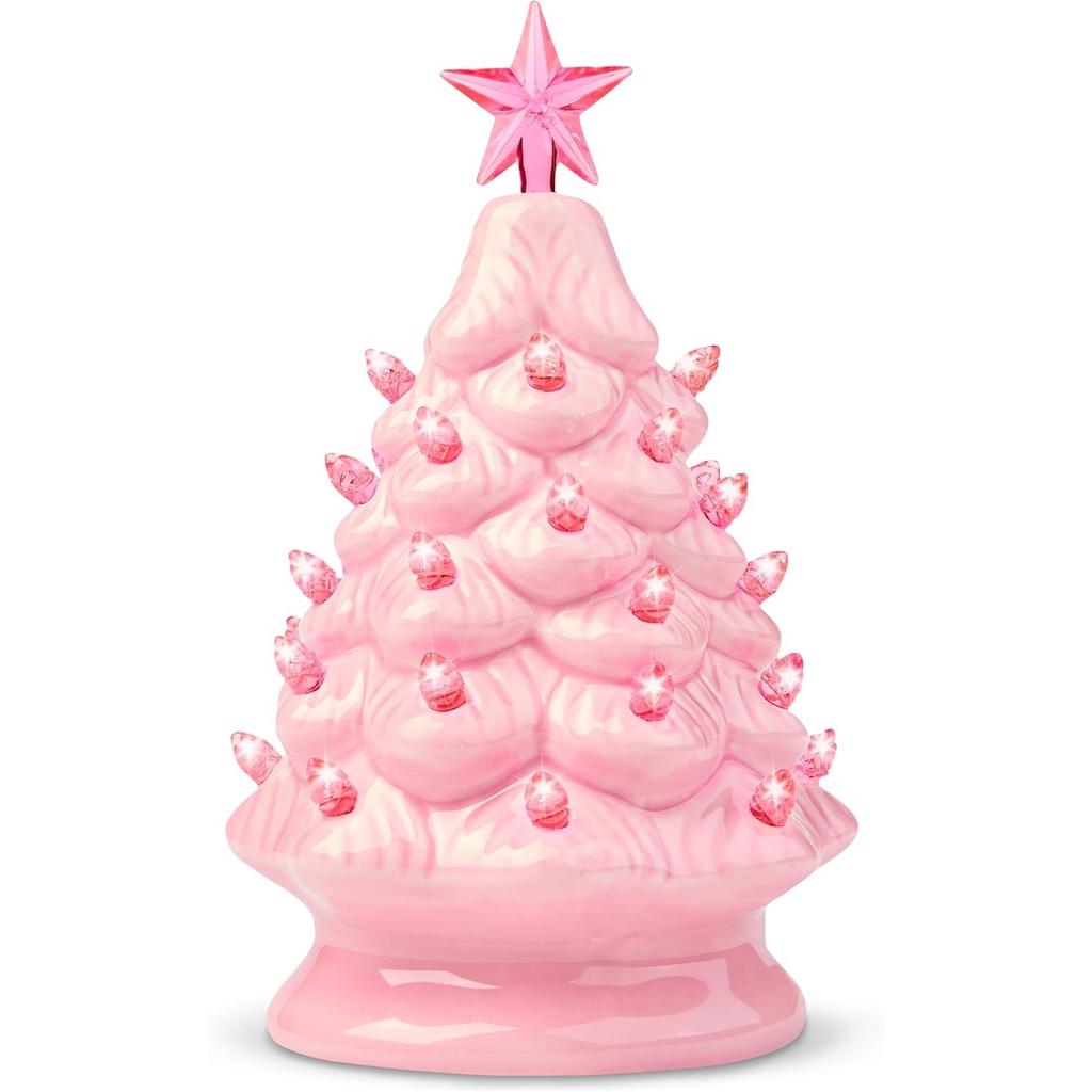 JOYFY Pink Ceramic Christmas Tree 7 inch Prelit Tabletop Christmas Ceramic Tree with Extra Clear Top Star for Xmas Holiday Gift