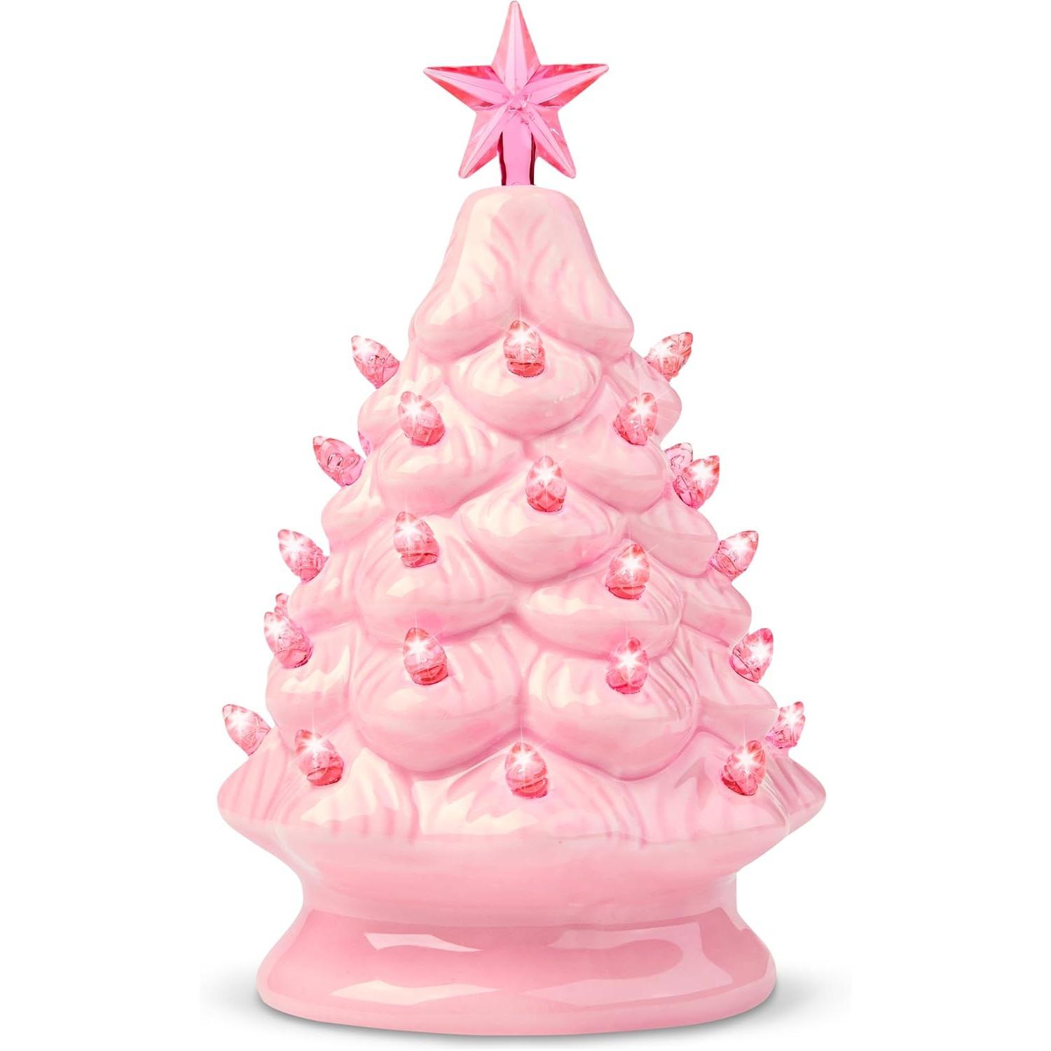 

JOYFY Розовая керамическая рождественская елка 7 дюймов с подсветкой, настольная рождественская керамическая елка с очень прозрачной верхушкой-звездой для рождественского праздничного подарка