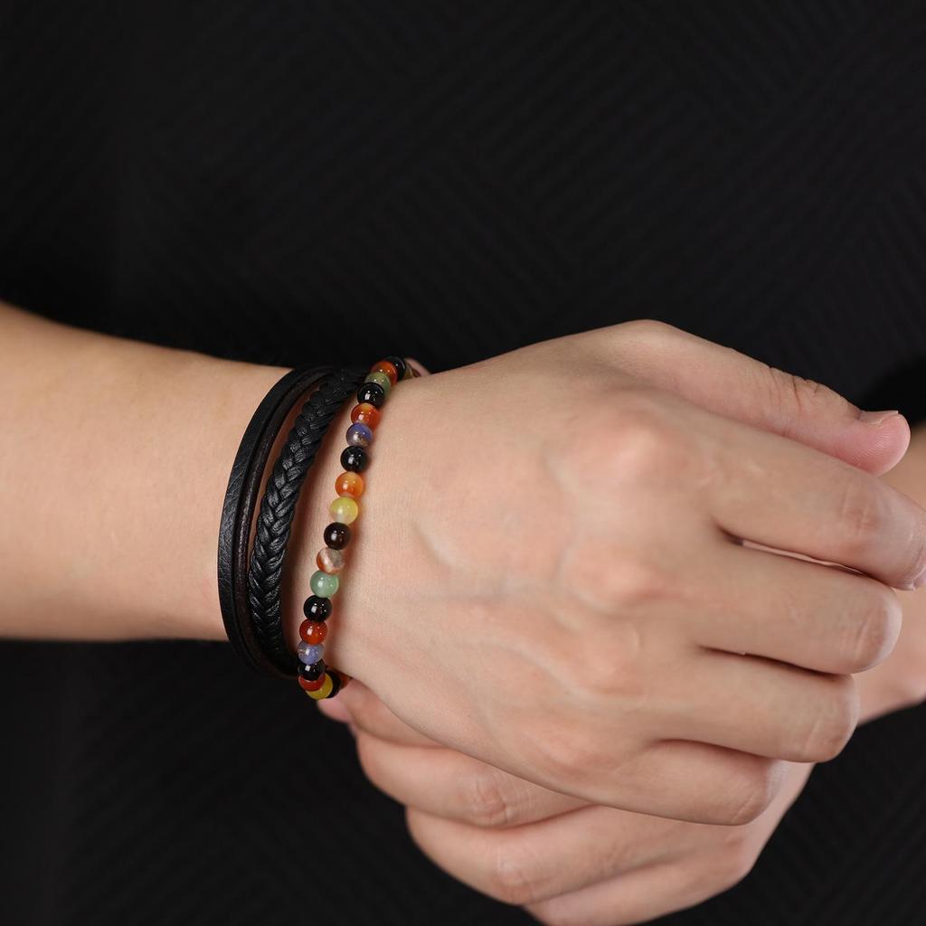 European and American Natural Agate Beaded Leather Bracelet for Men