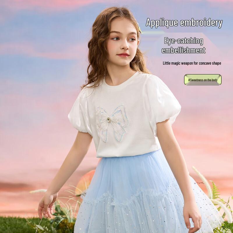 ASK JUNIOR Girl's Short Sleeve T-Shirt with Puff Sleeves and 3D Bow