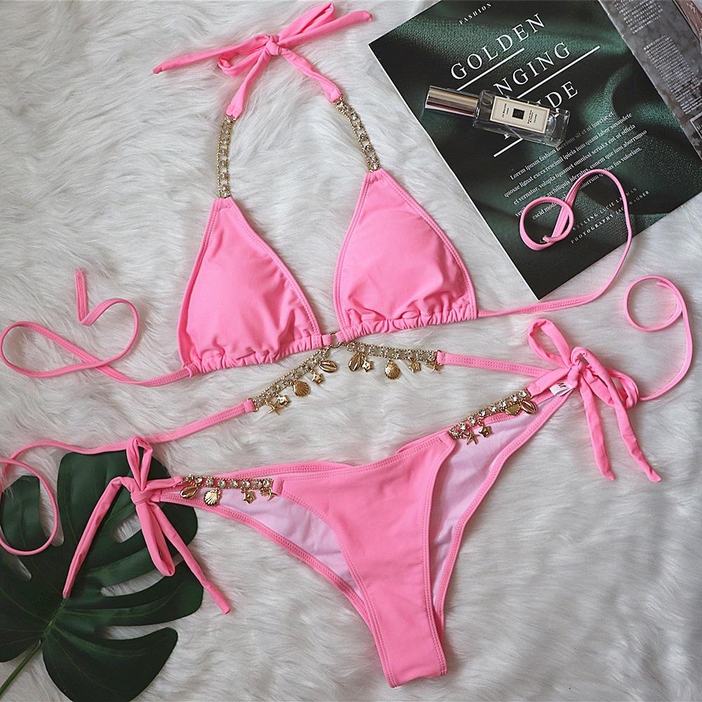 Swimsuit Sexy Strap Solid Color Female Crystal Diamond Bikini Creative Swimsuit