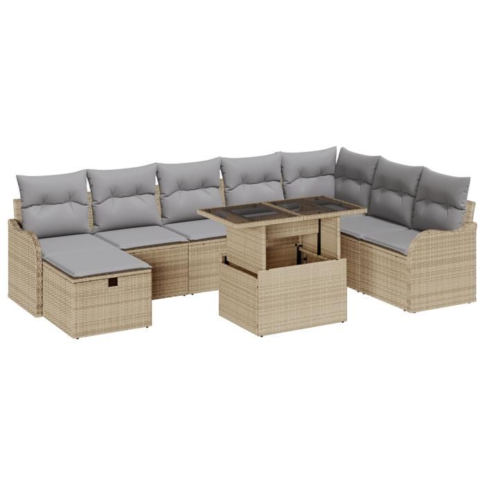 VidaXL Ensemble de canapé de jardin 9 pièces avec coussins Beige Poly Rattan 3359737
