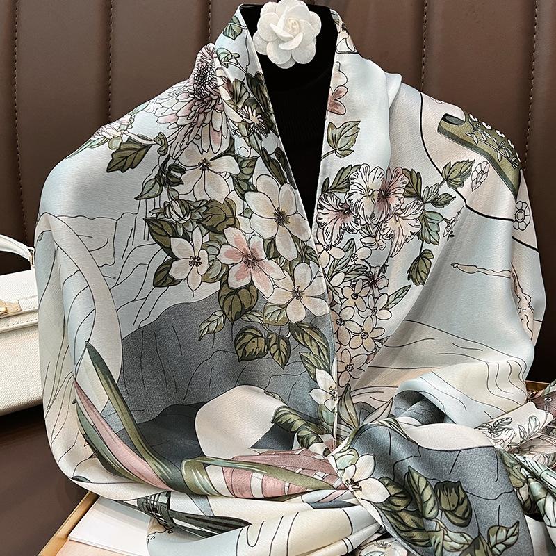 Spring and summer new silk scarf, brocade versatile thin shawl, breathable floral beach scarf, autumn scarf