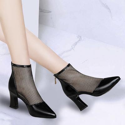 High Heel 7.5cm Hollow Cool Boots Women's Mesh Short Boots Thick Heel High Heel Pointed Back Zipper Sandals