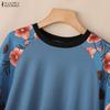 ZANZEA Women Casual Round Neck Floral Splice Long Sleeve Pullover Tops
