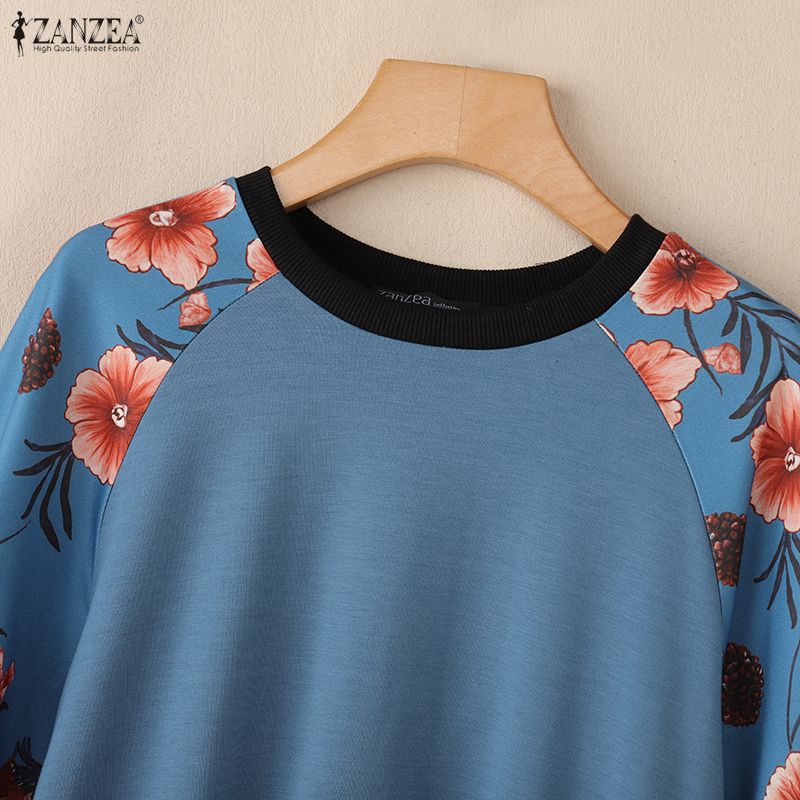 ZANZEA Women Casual Round Neck Floral Splice Long Sleeve Pullover Tops