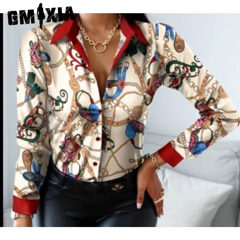 GMXIA Women's Fashion Casual Solid Color Print Long Sleeve POLO Neck Blouses & Shirts