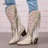 Women's Mid-Calf Embroidered Boot High Heel Western Style Autumn Spring New Large Tassel Stitched Rubber Outsole Botas Feminino