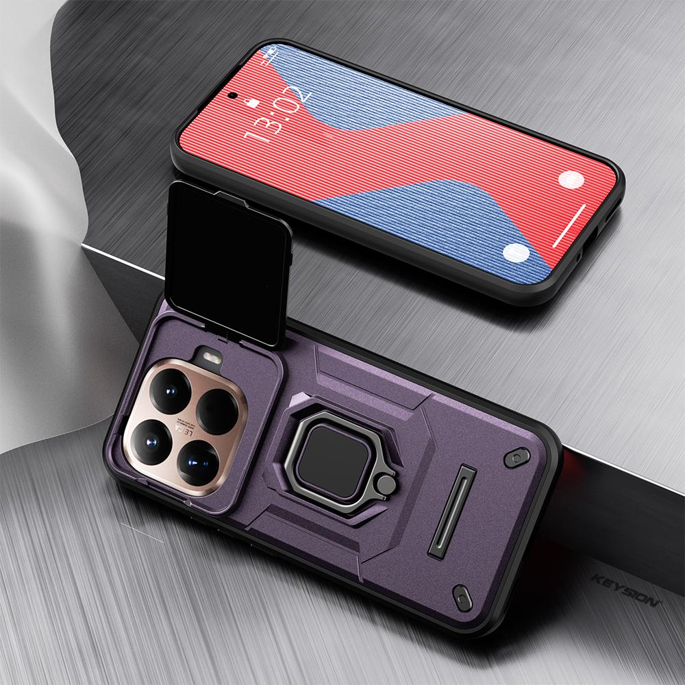 KEYSION Shockproof Armor Case for Xiaomi 15T Pro 5G Slide Camera Protection Metal Ring Stand Phone Back Cover for Xiaomi 15T 5G