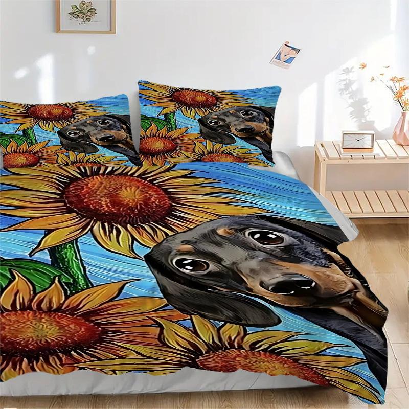 

3pcs Sunflower Dachshund Print Duvet Cover Set, Cover For Bedroom Guest Room (1 Duvet Cover + 2 Pillowcase, Without Quilt), yy250922138 135x200cm