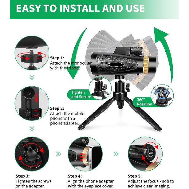 Monocular Telescope 80x100 High Power with Smartphone Adapter Tripod Larger Vision Monoculars for Adults with BAK4 Prism & FMC Lens Suitable for Bird