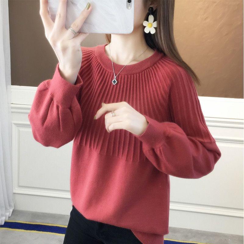 Round Neck Sweater Women's Hong Kong Style Solid Color Sweater Loose Casual Knitted Base Sweater Autumn and Winter