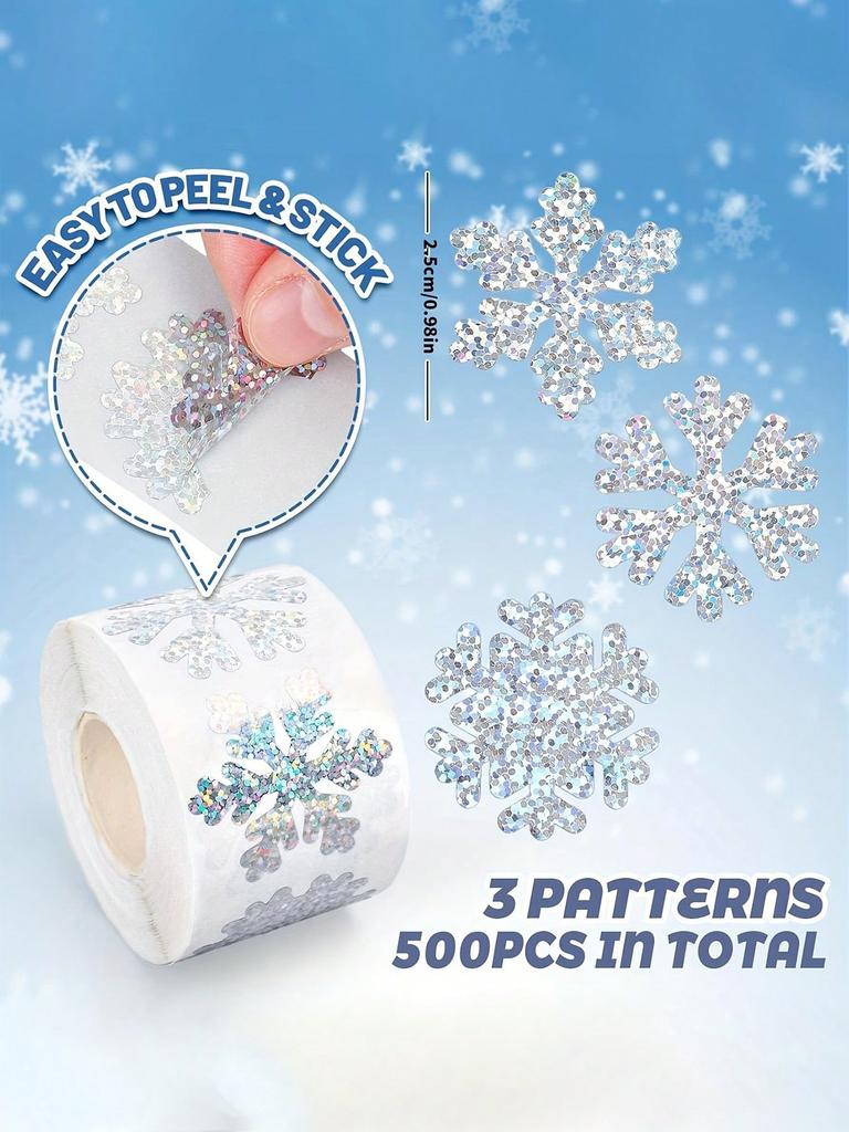 1 roll of 500 stickers, snowflake gift decoration label, roll pack of snowflake stickers, waterproof laser holiday decoration.