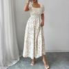 Women’s Square Neck Puff Sleeve Smocked Bodice Tiered Maxi Dress with Floral Print and Ruffle Hem Casual Style