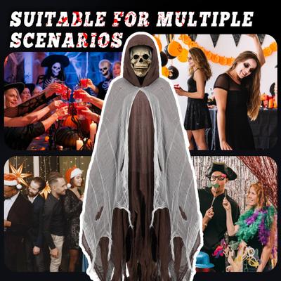 Disfraz de Parca de Halloween Capa Negra con Capucha con Máscara de Calavera Capa Medieval Vintage para Adulto Accesorios de Cosplay
