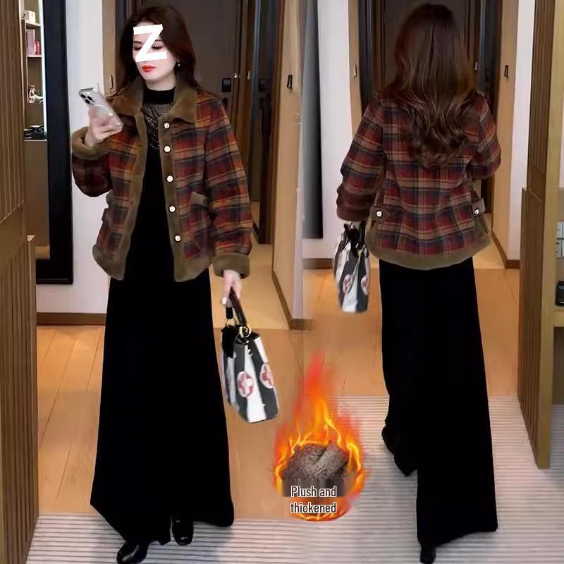 Зимняя клетчатая бархатная приталенная куртка для мам – Модный, омолаживающий стиль L