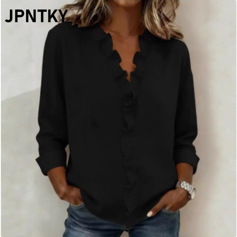 JPNTKY Women's Fashion Casual Solid Color Print Long Sleeve V-Neck Blouses & Shirts