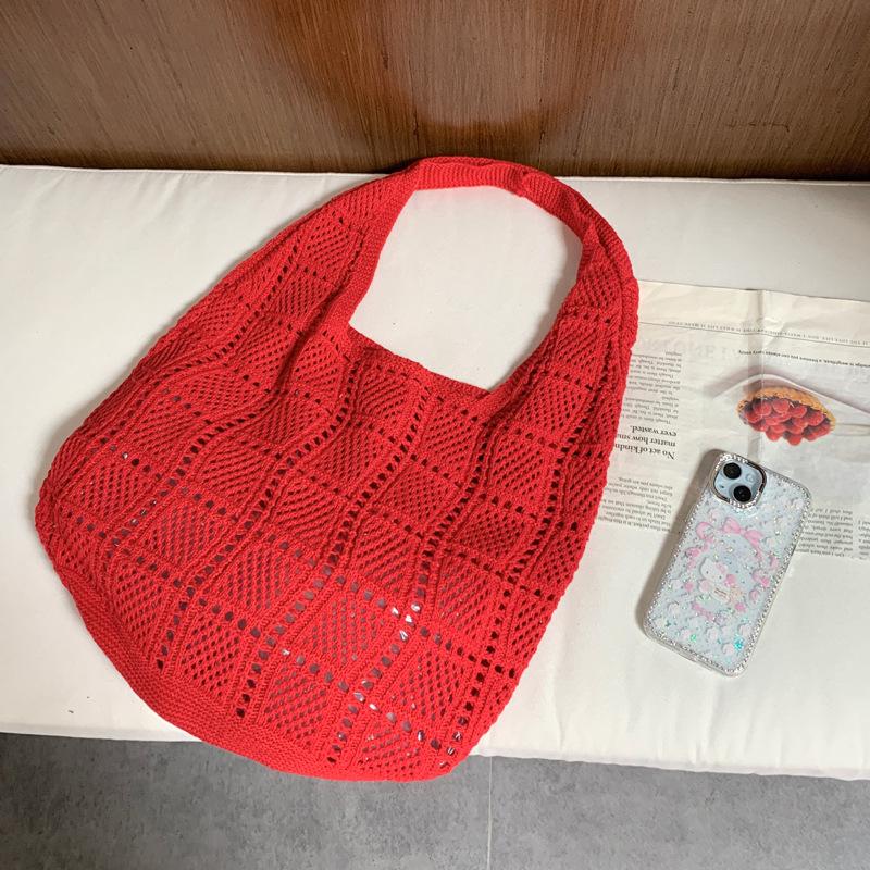 Yogodlns Retro Knitted Net Bag Shoulder Tote Beach Holiday Women's Bag Weaving Art Style Casual Minimalist Polyester Handbags