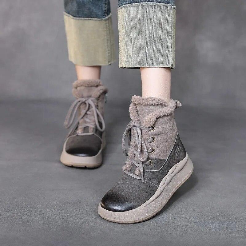 Johnature Genuine Leather Thick Soled Autumn Winter Plush Warm Cotton Boots Round Toe Versatile Retro Short Boots