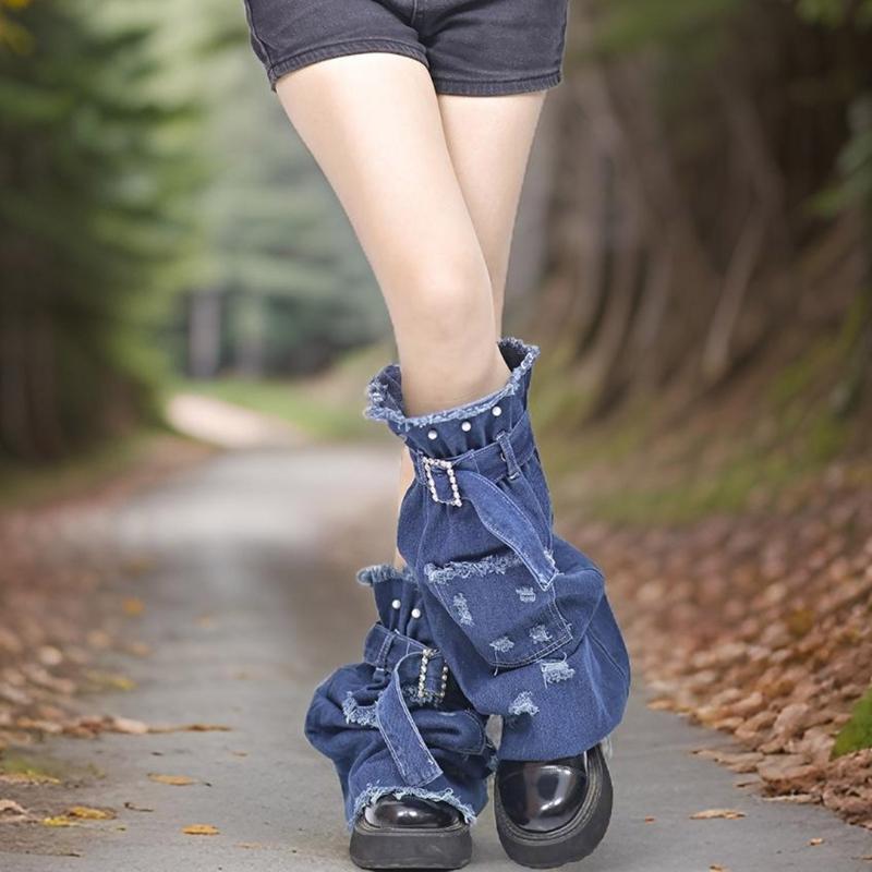 Women Distressed Jeans Leg Warmer with Buckled Strap Punk Flared Long Socks Denims Leg Cover with Pocket Streetwear