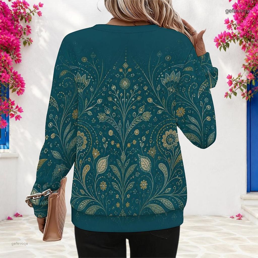 Women Plus Size Teal Floral Printed Round Neck Long Sleeve Pullover Sweatshirt