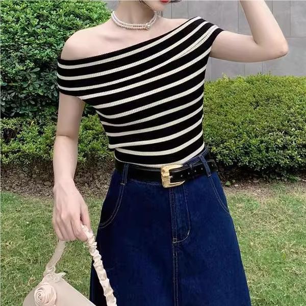 Striped Off Shoulder Sweater For Women With Slim Fit Short Sleeve Knit Top