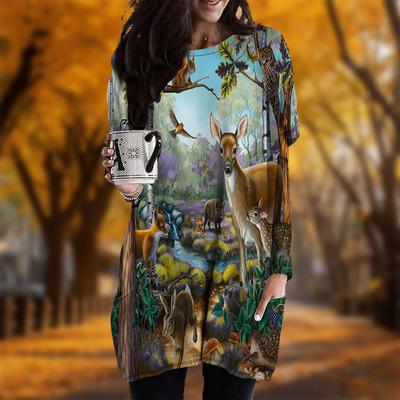 Nuovo In Autunno Stampa Alce Cervo Abito Taglie Forti Donna Girocollo Maniche Lunghe Casual Abiti con Tasche