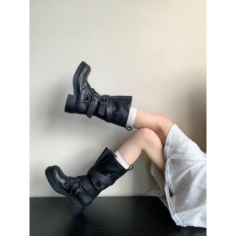 Sheepskin version~ Retro belt buckle medium boots knight boots women's lace-up locomotive Martin boots thick-soled western cowboy boots