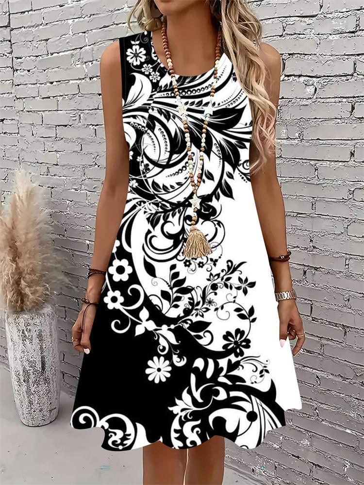 Casual Women Tank Dress Summer Sleeveless O-Neck 3D Print Loose A-Line Dress Beach Vest Dress