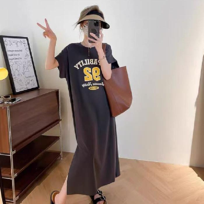 2026 New Korean Version T-shirt Skirt Short-sleeved Large-size Women's Fat Mm Loose Casual Large-size Belly-covering Long Dress
