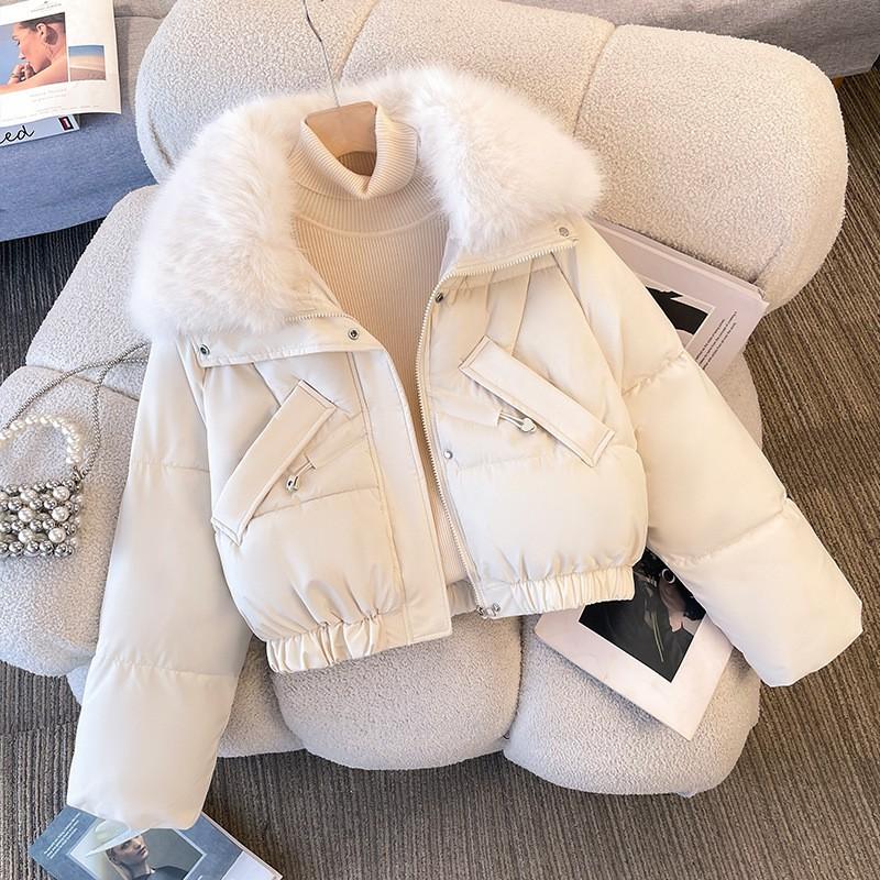 Womens Short Puffer Jacket With Detachable Faux Fur Collar Winter Warm Cotton-Padded Coat Loose Fit Small Stature