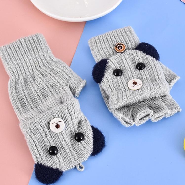 Winter Warm Gloves Cartoon Dog Glove with Flip Top Knitted Half Finger Gloves