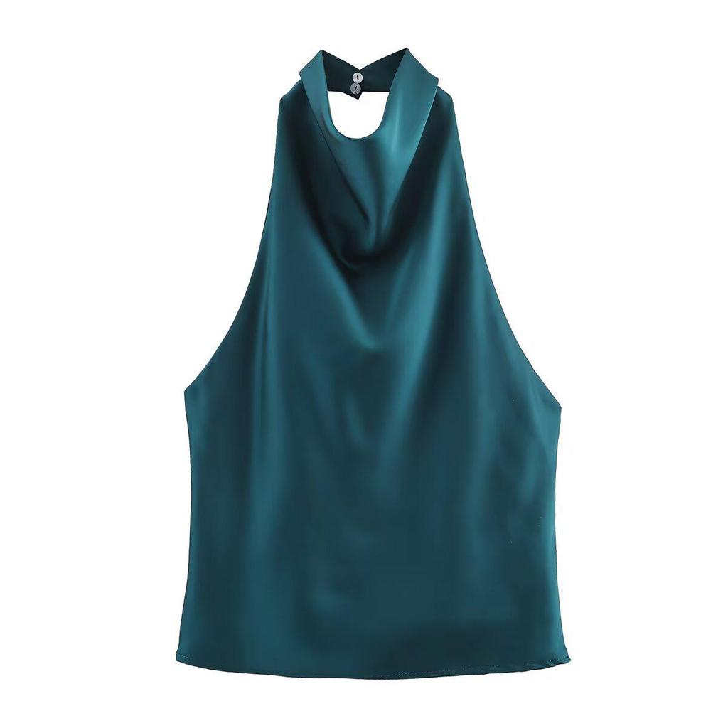 Sophisticated 2025 Summer Silk Satin Halter Neck Top – European & American Style