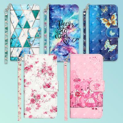 3D Butterfly Marmor Blomma Kärlek Björn Målning Läder Telefon Plånbok Fodral Bokställ För iPhone Samsung Xiaomi Oppo Huawei Magnetic Card Slot Flip Cover