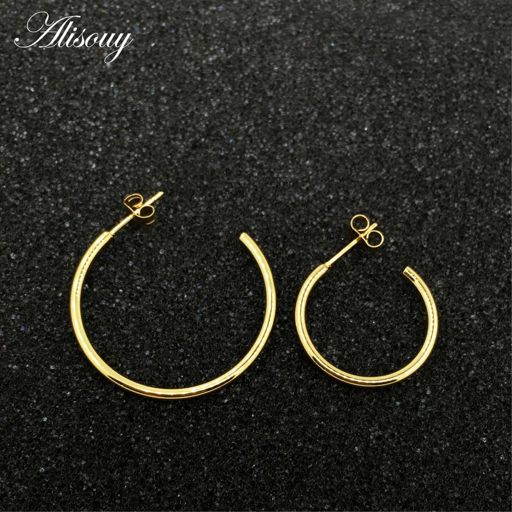 Alisouy 1 Pair Stainless Steel COOL  Color Black Gold Color Jewelry Earrings Fashion Jewelry 2mm Hollow Hoop Earrings Unisex Inside Diameter 10mm