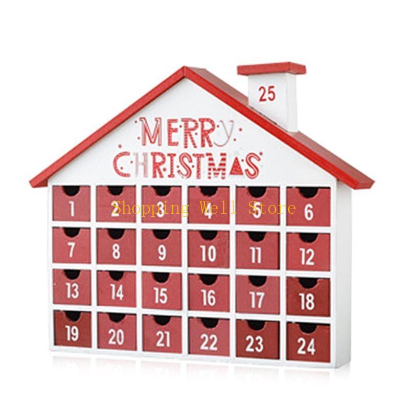KX4B Christmas Wooden Advent Calendar House with Storage Drawers LED Lighted Countdown Number Ornament Holiday Home Desktop Gift