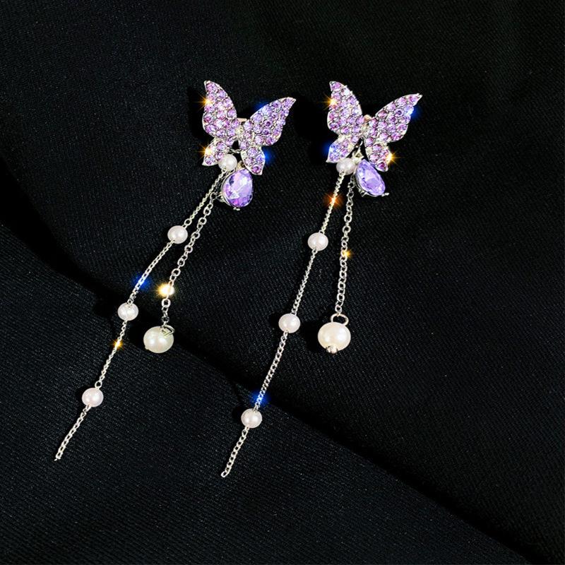 

Elegant Rhinestone Butterfly Pearl Tassel Earrings - Two Wear Styles