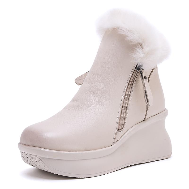 GKTINOO Genuine Leather Women Boots Retro Shoes Rabbit Fur Winter Round Toe Double Zipper Handmade Concise Platform Boots