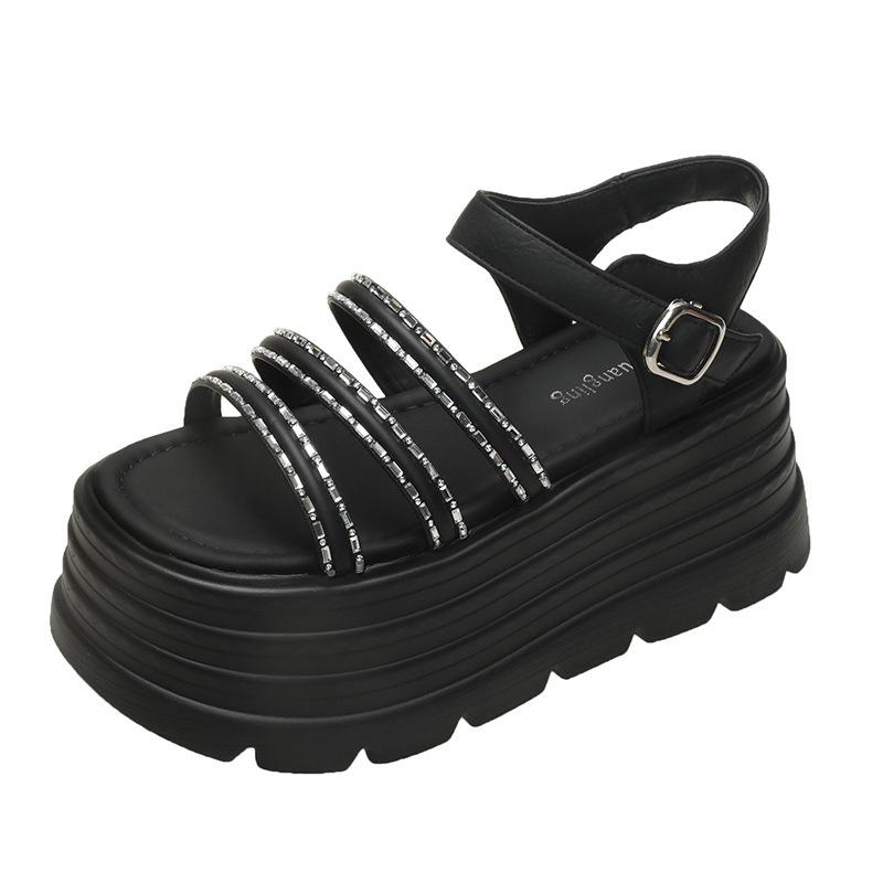 Fairy Internet celebrity muffin thick bottom word with rhinestone sandals women summer new fashion wear lightweight height 8cm